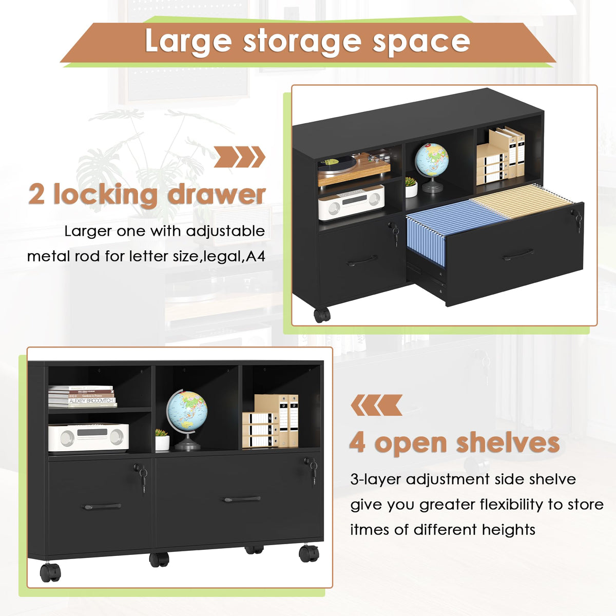 Black 2 Drawer Wood Lateral File Cabinet with Lock K900