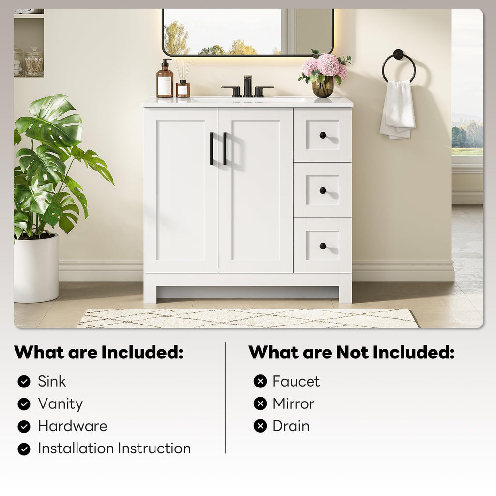 36" White Bathroom Vanity with Sink, 2 Soft-Close Drawers & Doors N605