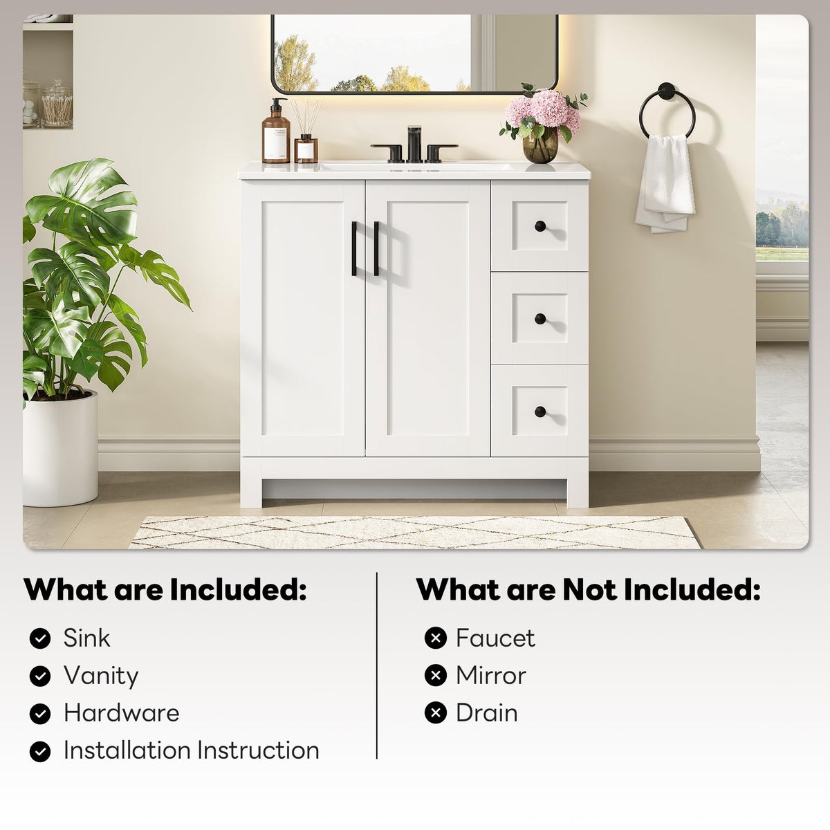 36" White Bathroom Vanity with Sink, 2 Soft-Close Drawers & Doors N605