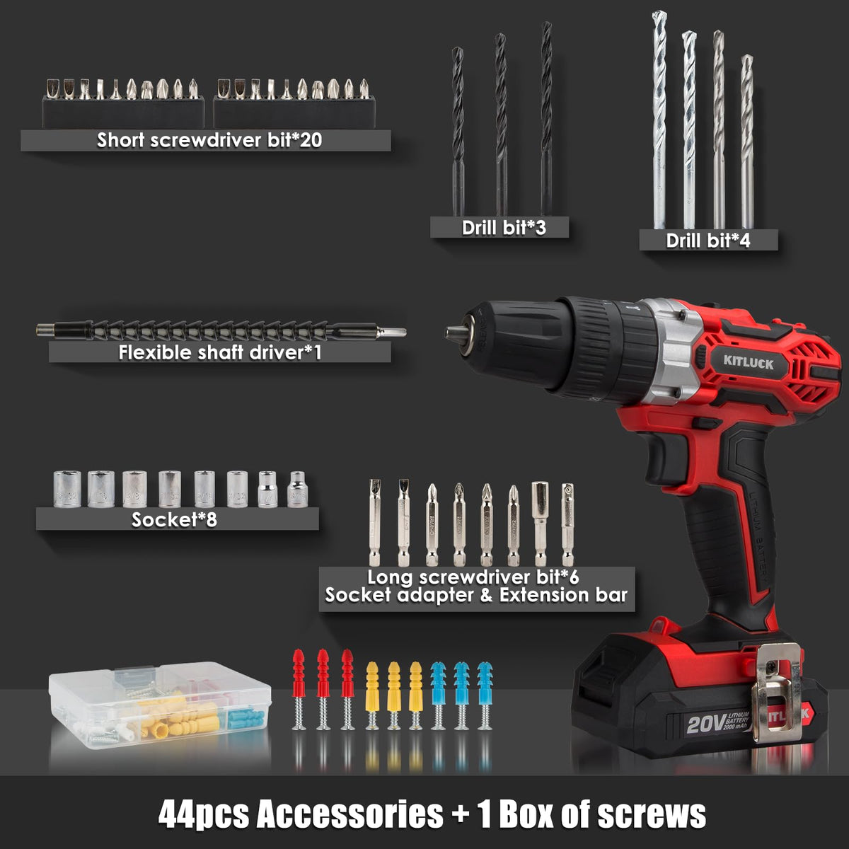 Cordless Drill Set 20V 2 Battery 44pcs Bits 3/8'' Chuck T797