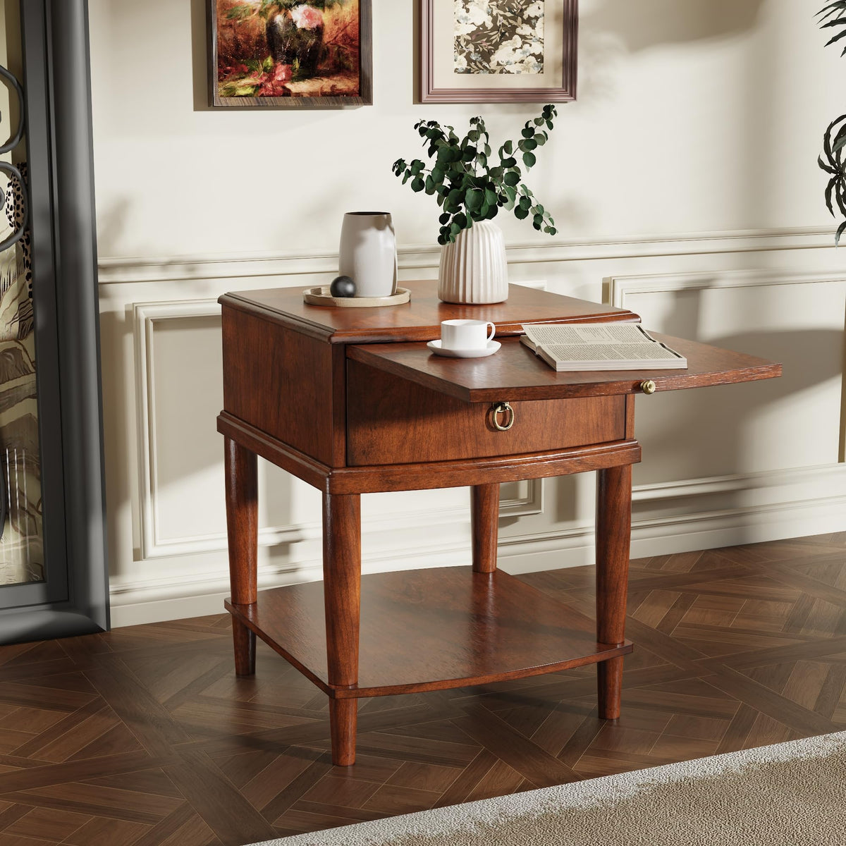 Large Cherry Wood 2-Tier Side Table with Drawer and Shelf O3779