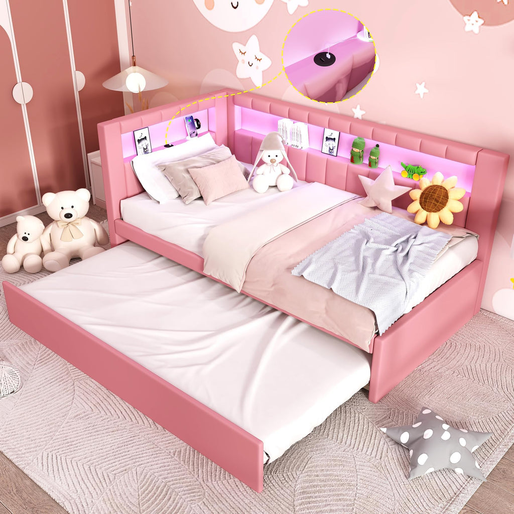 Pink Upholstered Twin Size Daybed with Trundle C9822