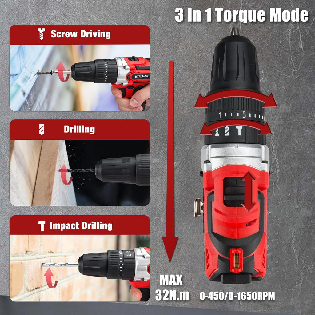 Cordless Drill Set 20V 2 Battery 44pcs Bits 3/8'' Chuck T797