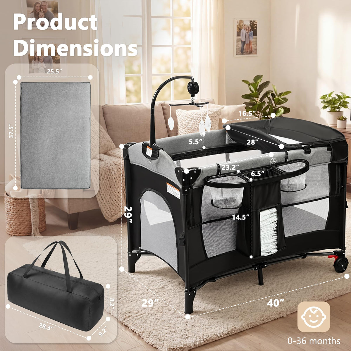 4 in 1 Portable Baby Playard, Baby Bedside Crib, Grey A94561