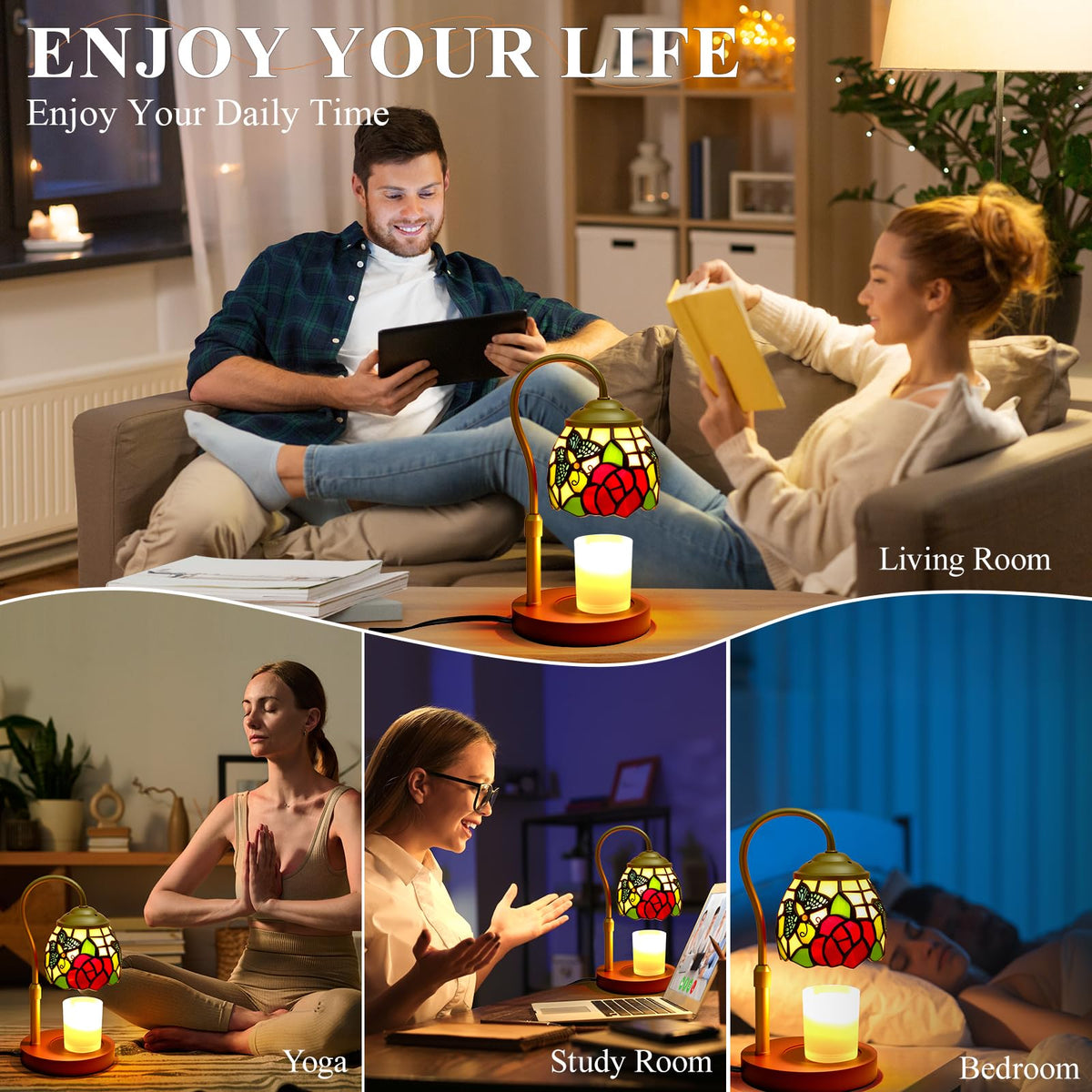 Candle Warmer Lamp with Timer Dimmer, Stained Glass, 2 Bulbs T957