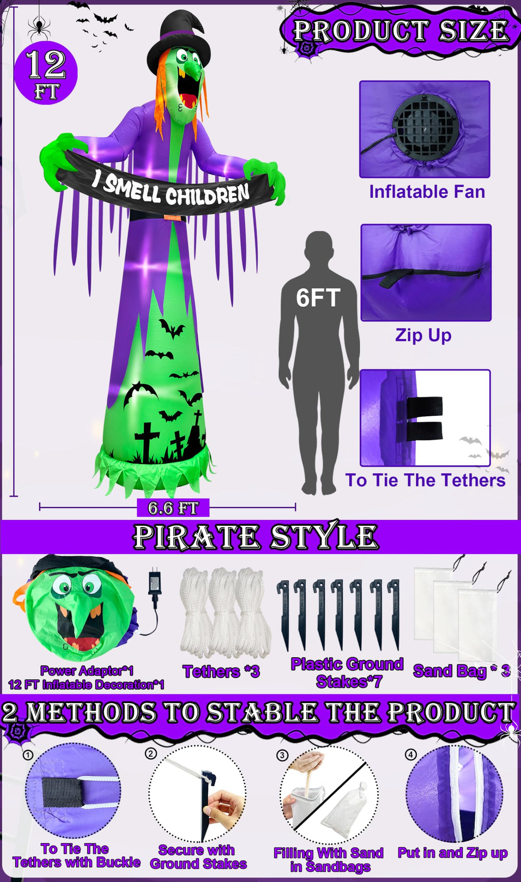 12FT Halloween Inflatables Witch Decorations F4474