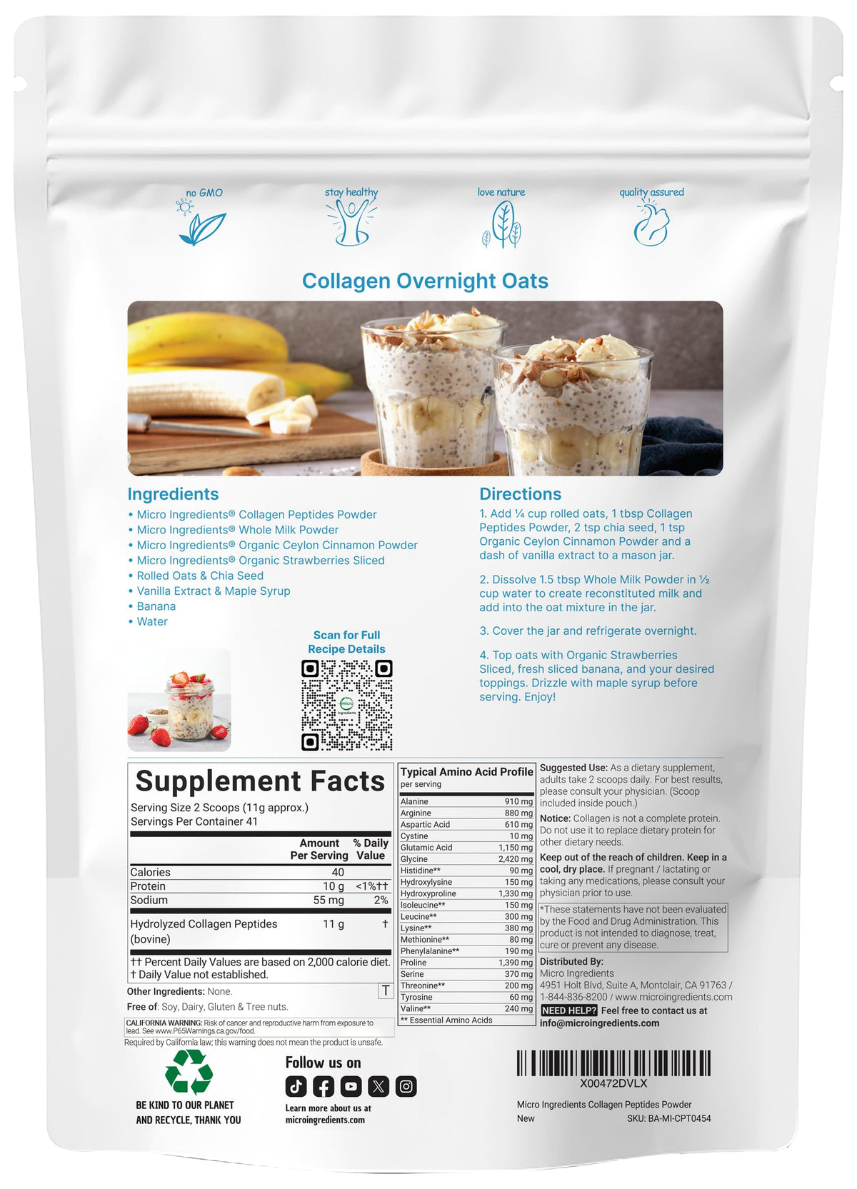 Hydrolyzed Collagen Peptides Powder, 1 lb Unflavored Type I & III Z702