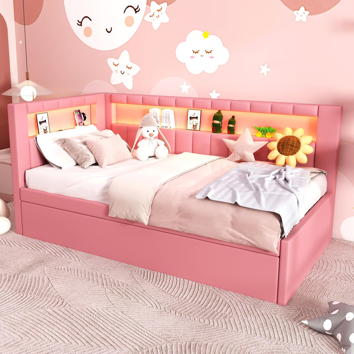 Pink Upholstered Twin Size Daybed with Trundle C9822