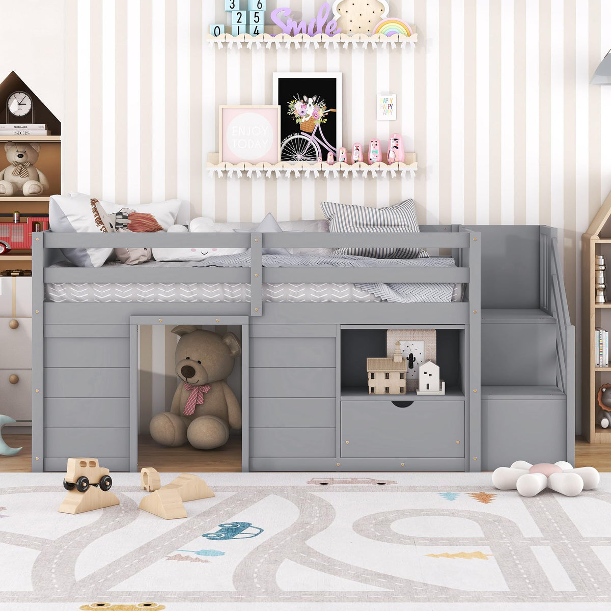 Twin Size Wood Loft Bed with Storage A53096