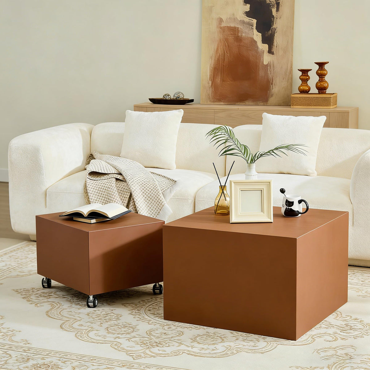 Brown Rolling Leather Coffee Table Set of 2 N2555