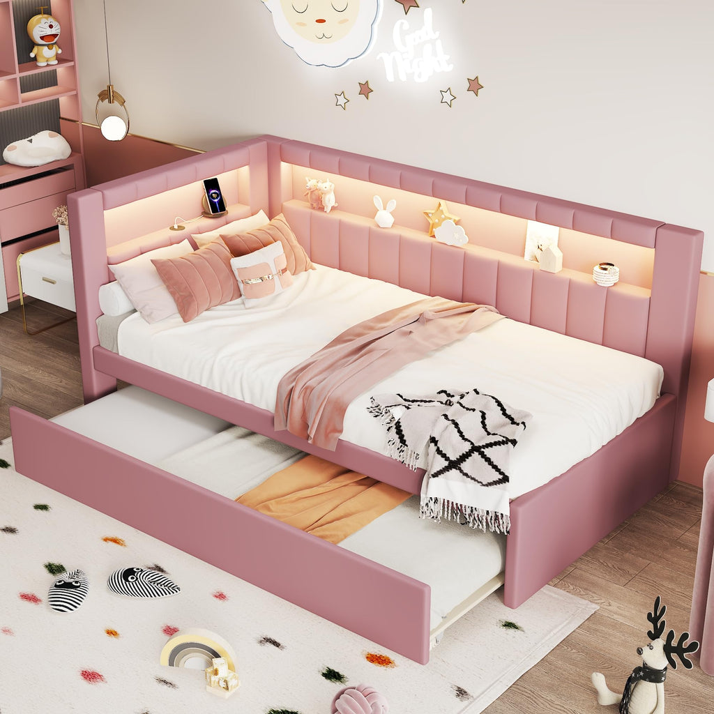 Pink Upholstered Twin Size Daybed with Trundle C9822