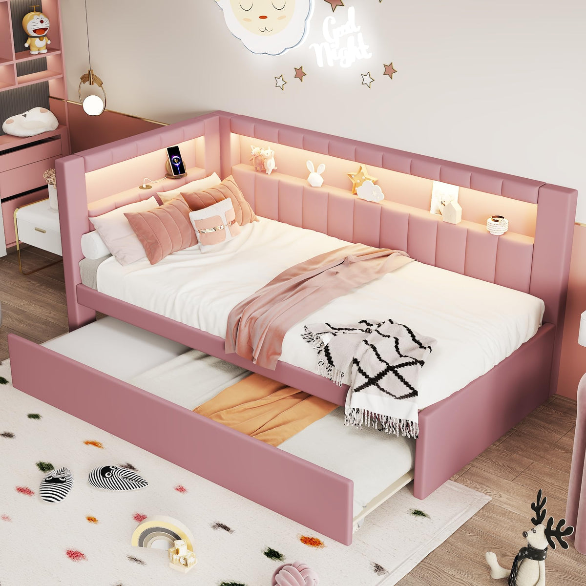 Pink Upholstered Twin Size Daybed with Trundle C9822