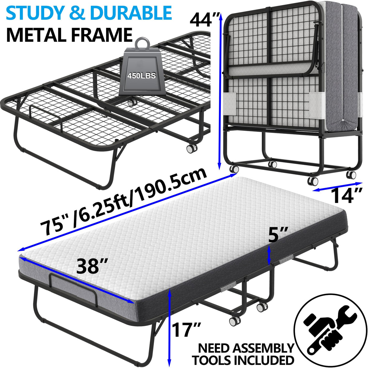 Folding Bed with 5" Memory Foam Mattress Twin Size Metal Frame V330