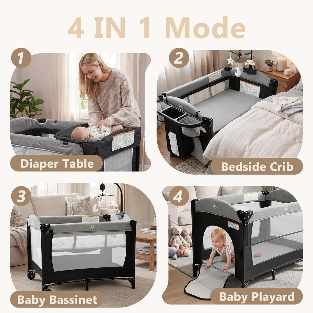 4 in 1 Portable Baby Playard, Baby Bedside Crib, Grey A94561