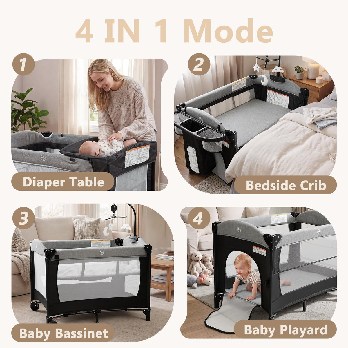 4 in 1 Portable Baby Playard, Baby Bedside Crib, Grey A94561