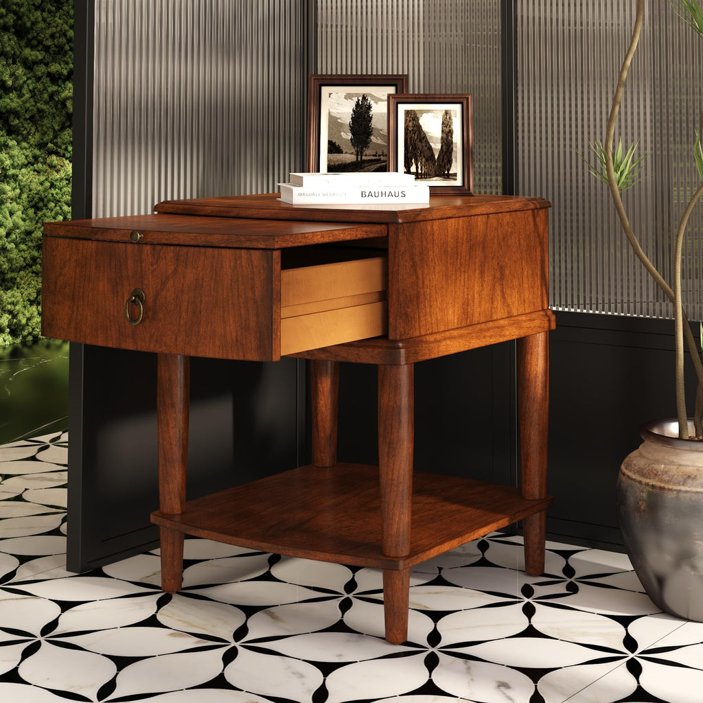Large Cherry Wood 2-Tier Side Table with Drawer and Shelf O3779