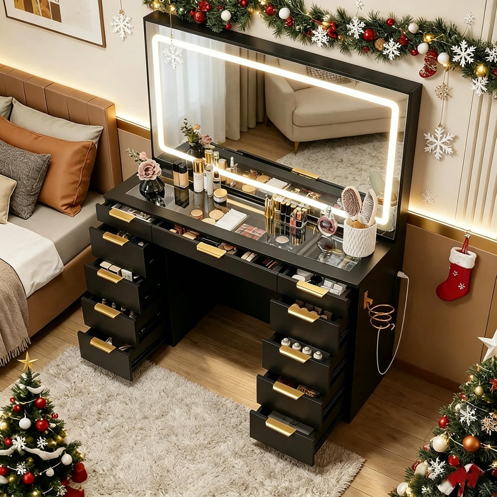 Glass Top Vanity Desk with Mirror and Lights, 11 Drawers Makeup Vanity with Stool J672245