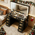 Glass Top Vanity Desk with Mirror and Lights, 11 Drawers Makeup Vanity with Stool J672245