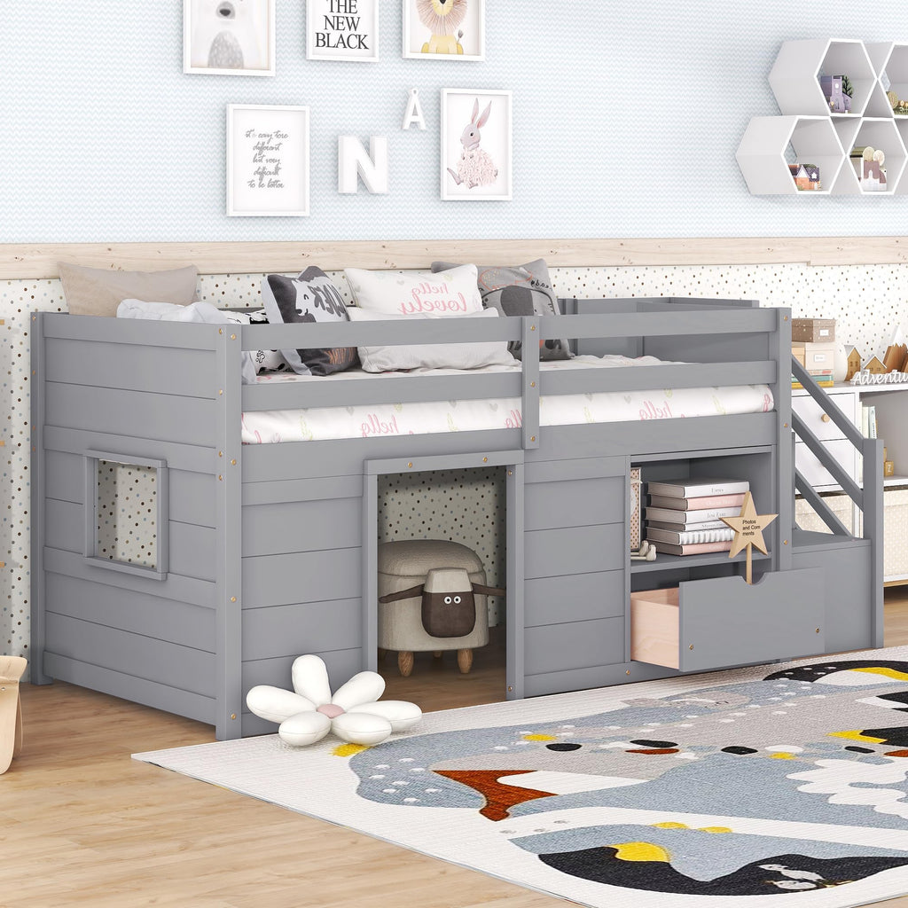 Twin Size Wood Loft Bed with Storage A53096