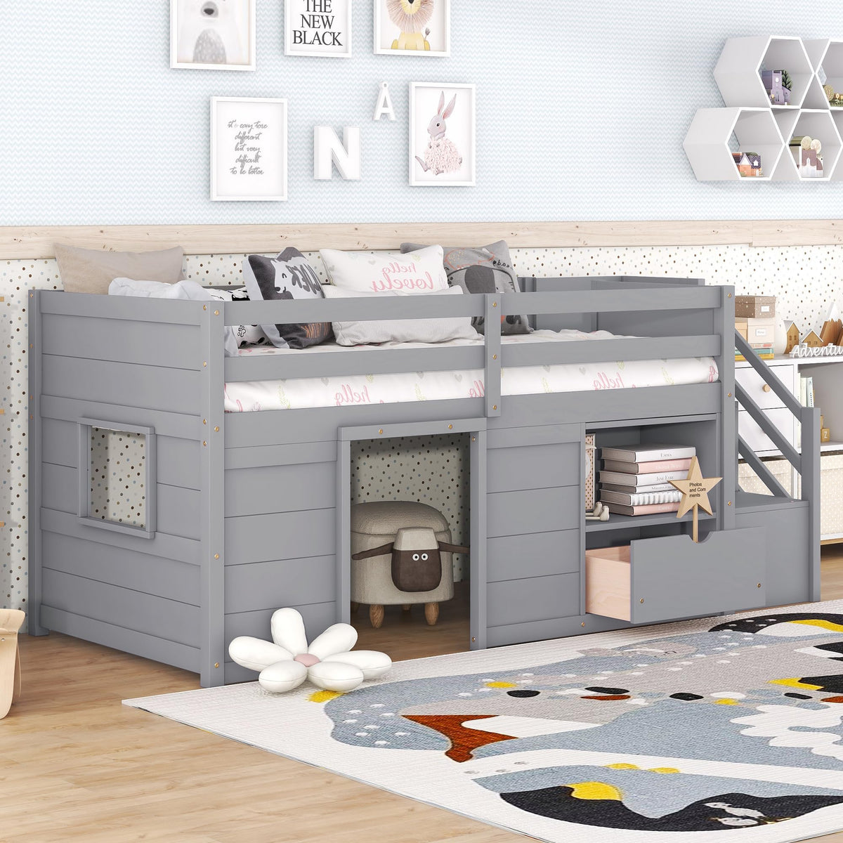 Twin Size Wood Loft Bed with Storage A53096