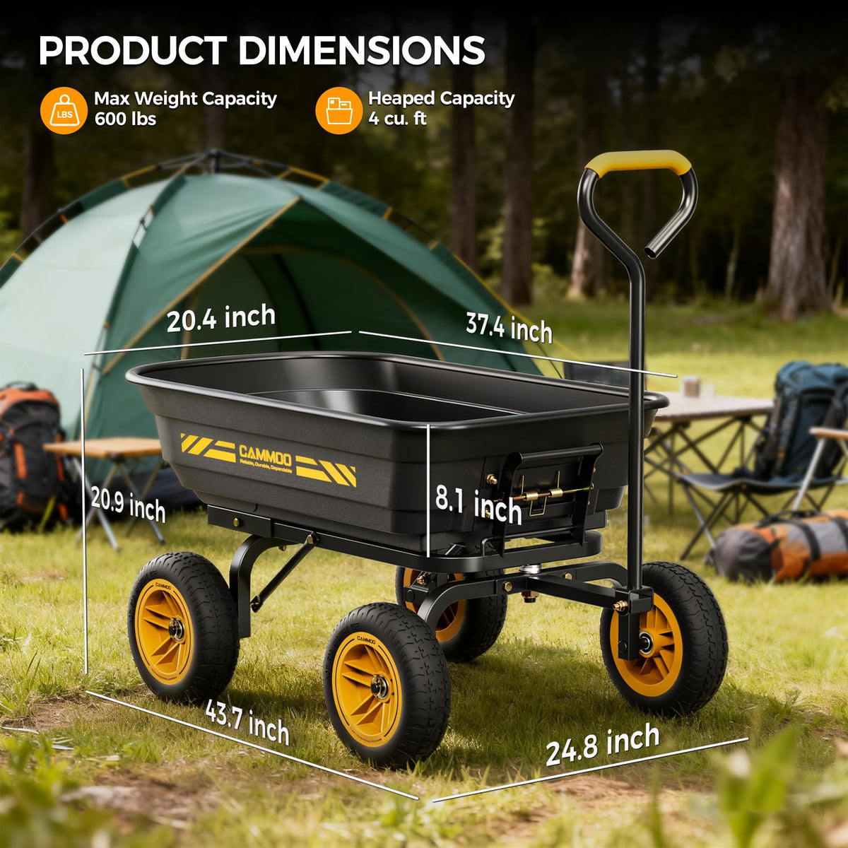 10-in No-Flat Tires 600lb Garden Dump Cart 4 Cu.Ft Wheelbarrow Black M443652