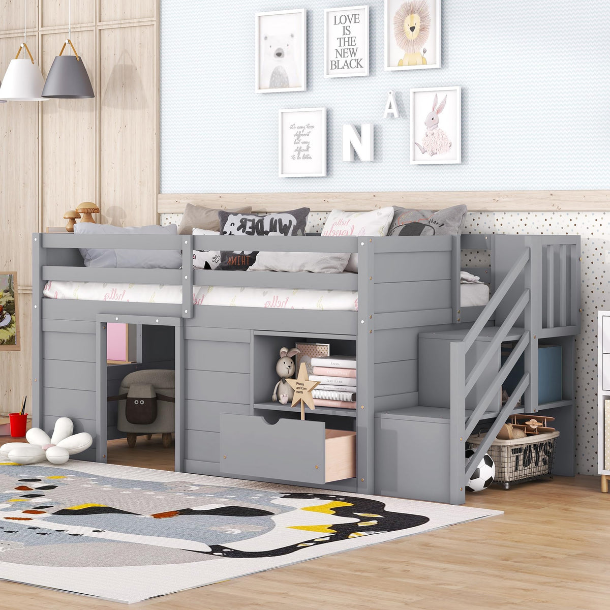 Twin Size Wood Loft Bed with Storage A53096