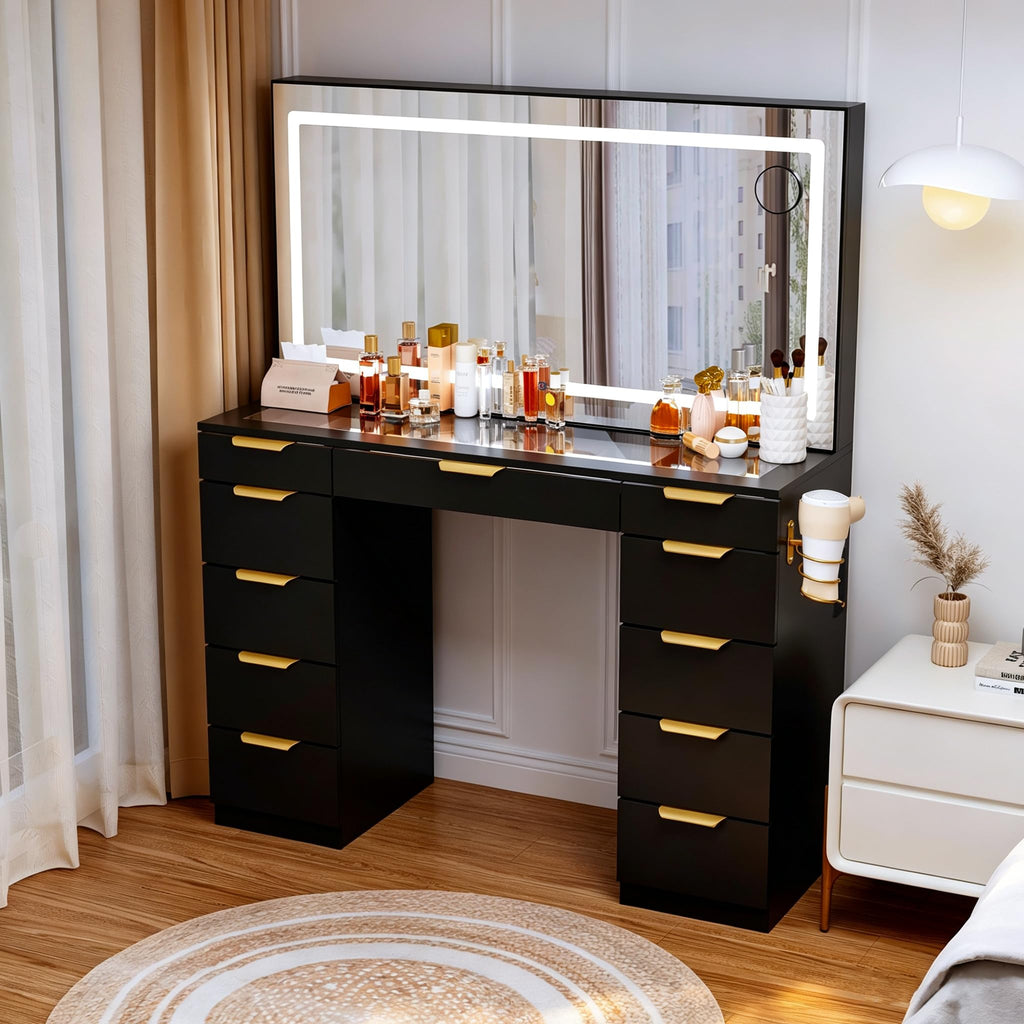 Glass Top Vanity Desk with Mirror and Lights, 11 Drawers Makeup Vanity with Stool J672245