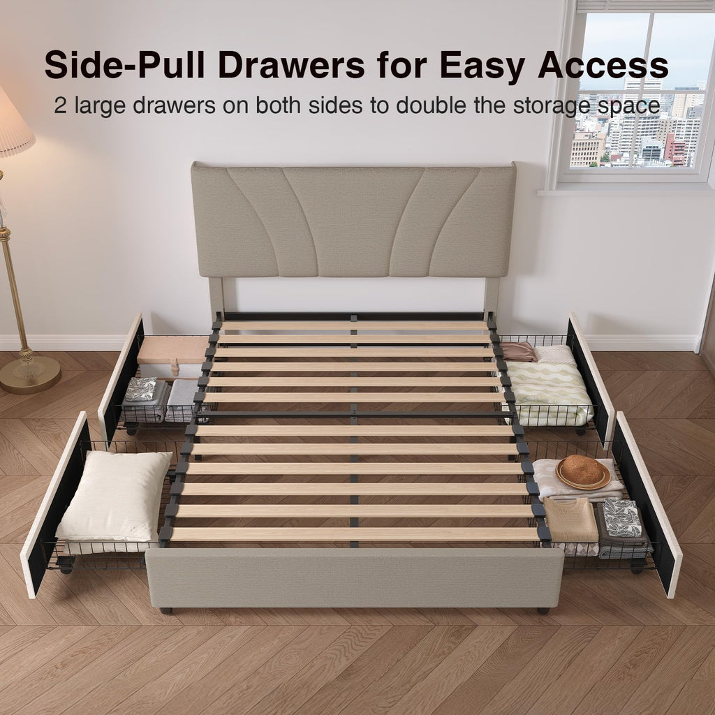 Beige Queen Bed Frame with Drawers F7677