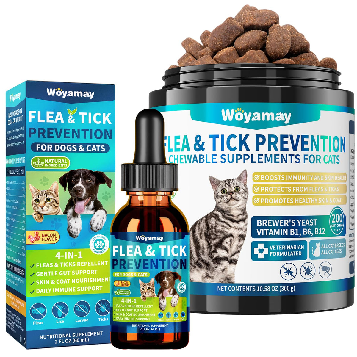 Natural Flea & Tick Prevention Bundle for Cats & Dogs, 200 Chews + Herbal Drops W7419