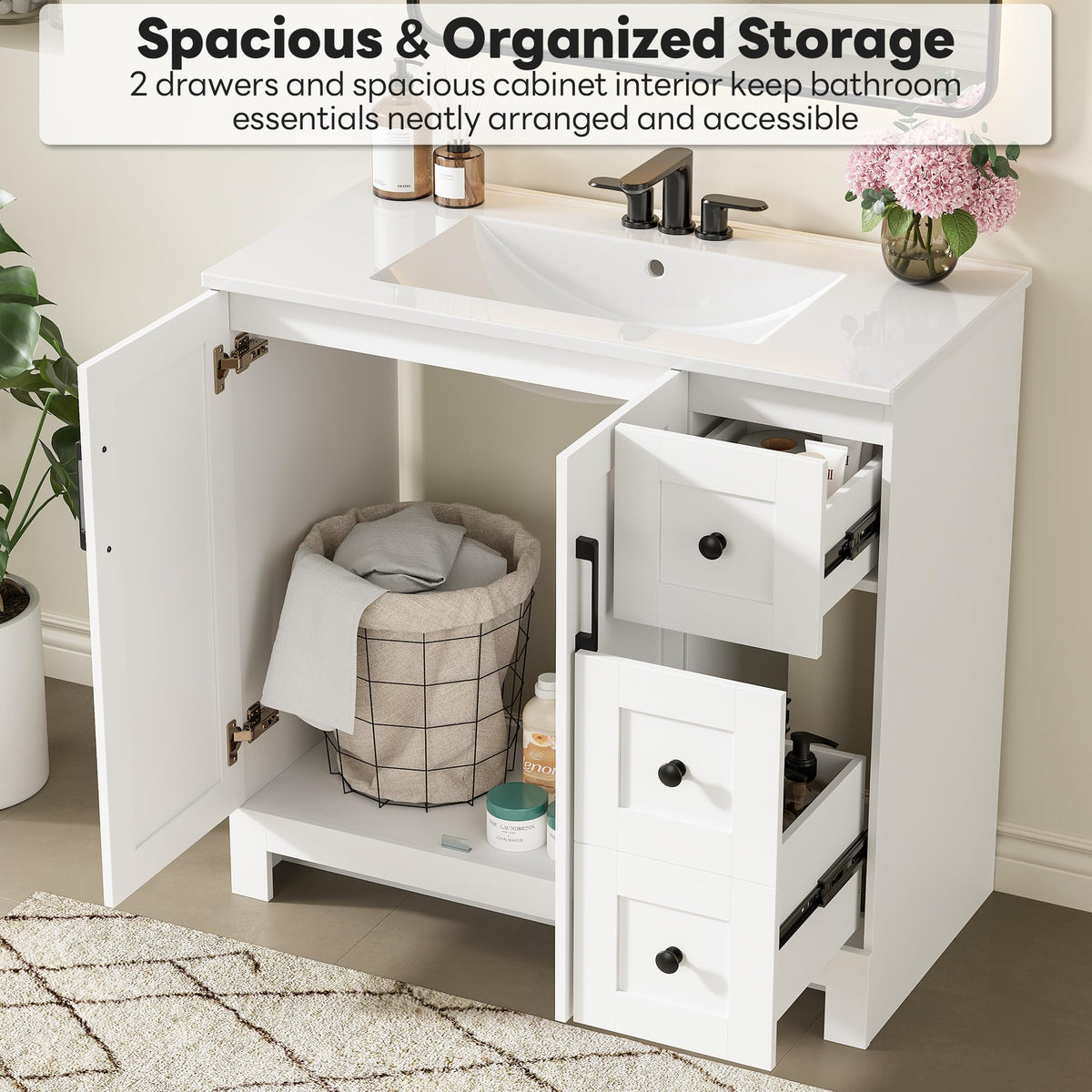 36" White Bathroom Vanity with Sink, 2 Soft-Close Drawers & Doors N605