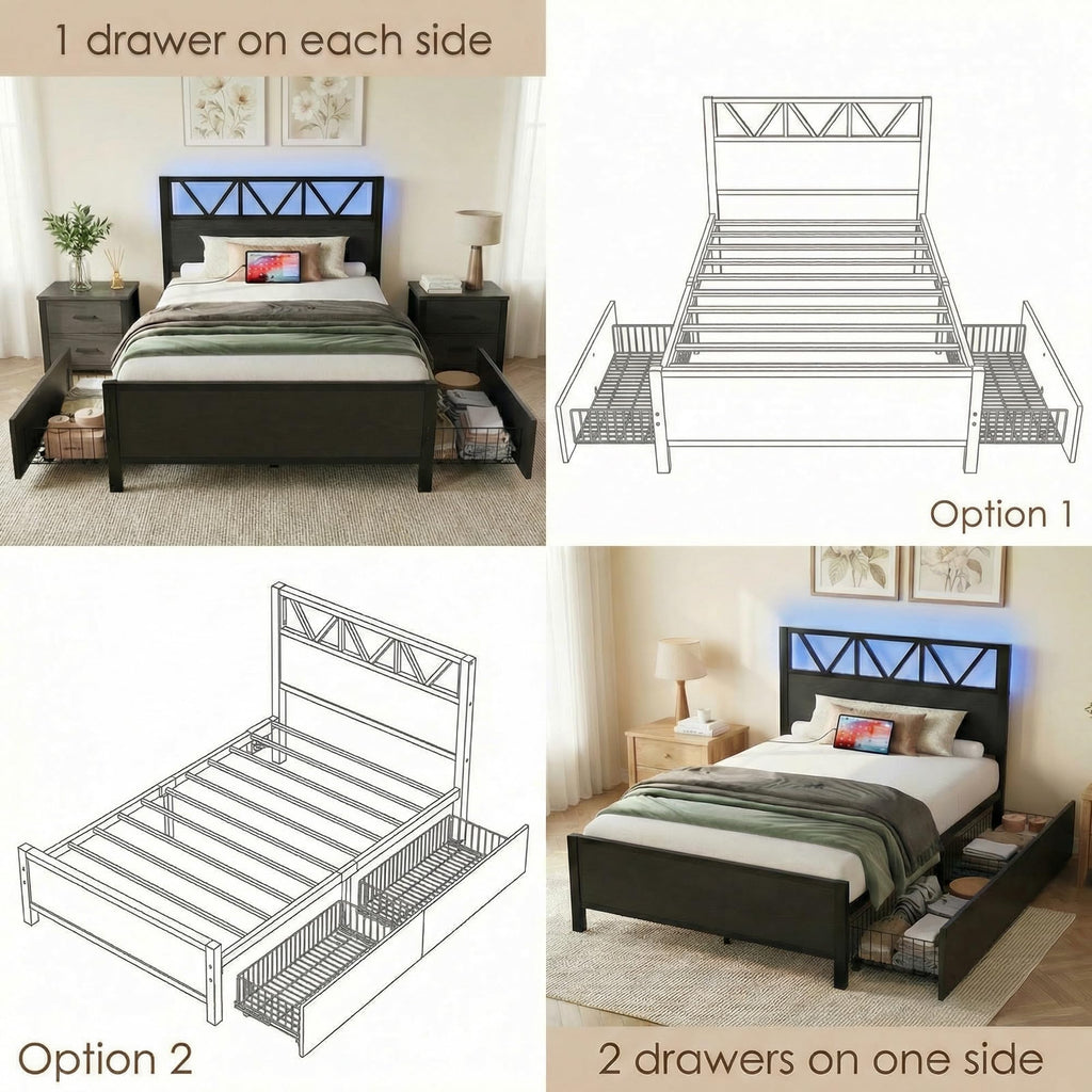 Twin XL Bed Frame with 2 Storage Drawers F96293