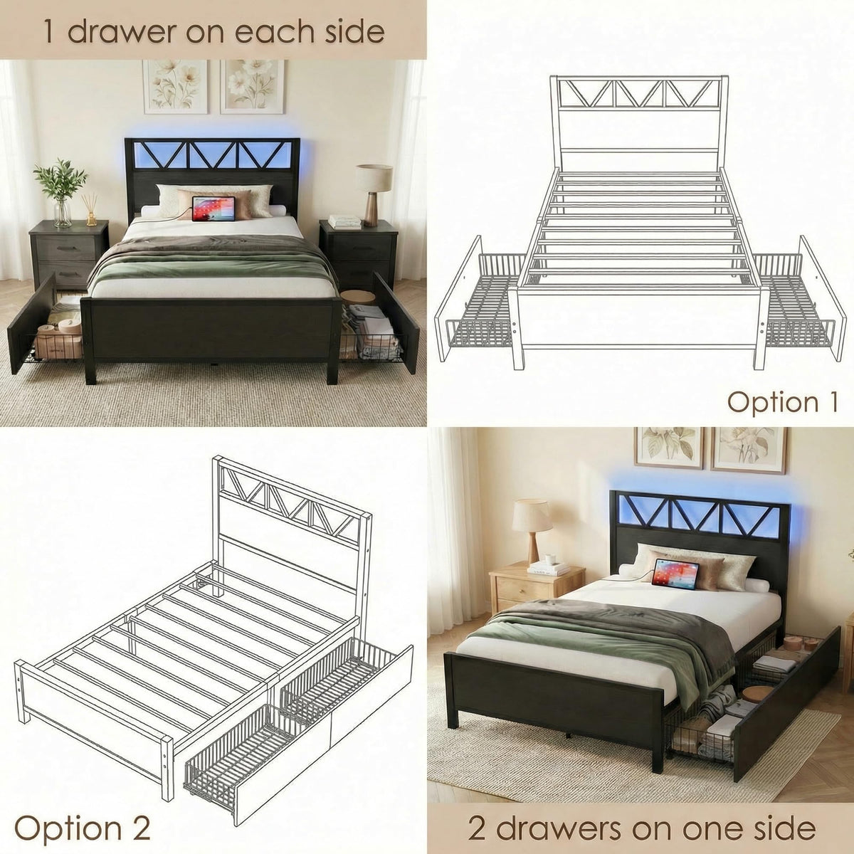 Twin XL Bed Frame with 2 Storage Drawers F96293