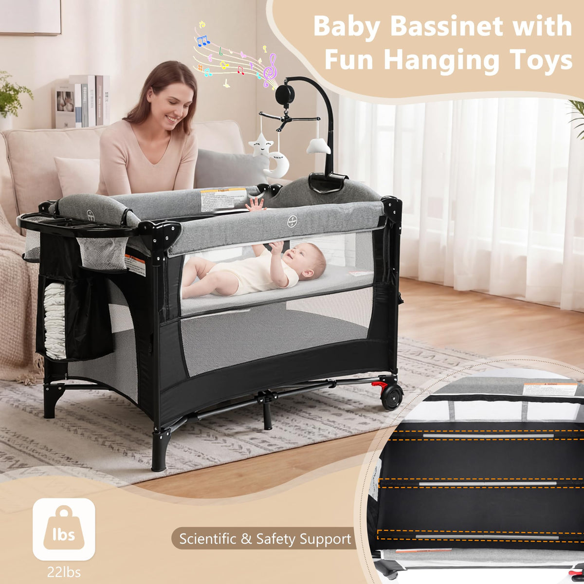 4 in 1 Portable Baby Playard, Baby Bedside Crib, Grey A94561