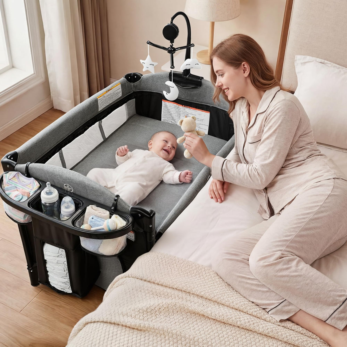4 in 1 Portable Baby Playard, Baby Bedside Crib, Grey A94561