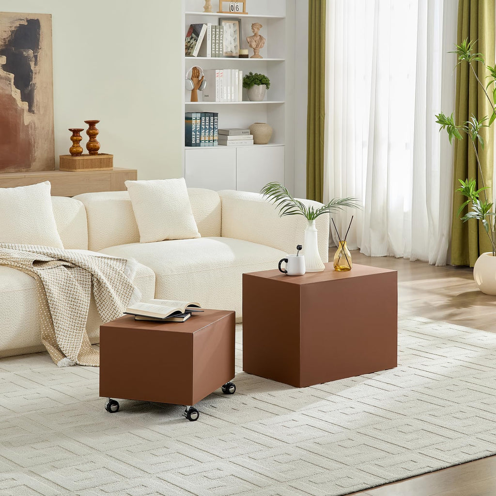 Brown Rolling Leather Coffee Table Set of 2 N2555