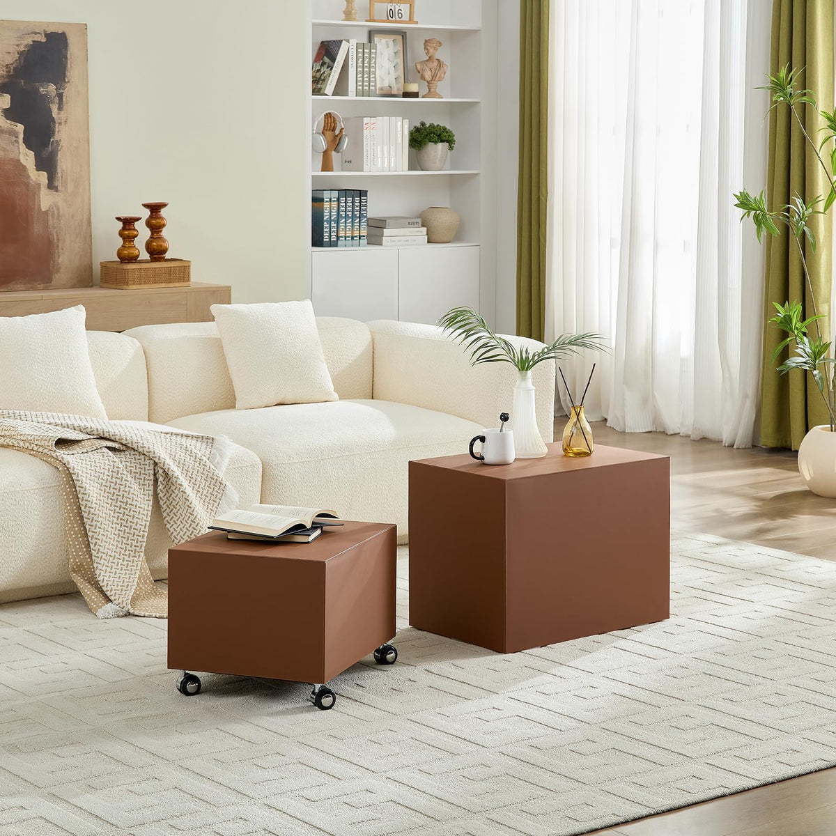 Brown Rolling Leather Coffee Table Set of 2 N2555