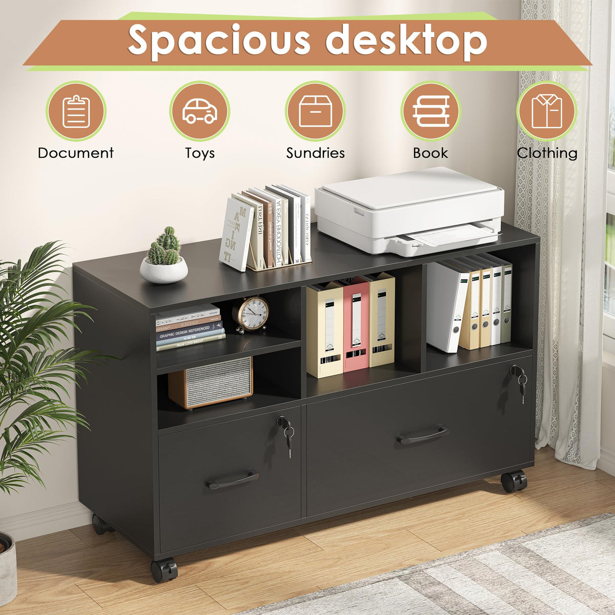 Black 2 Drawer Wood Lateral File Cabinet with Lock K900