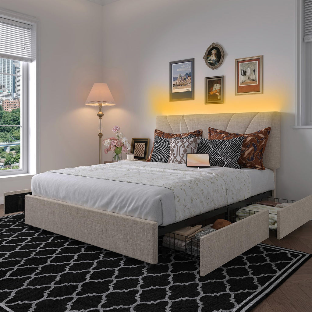 Beige Queen Bed Frame with Drawers F7677