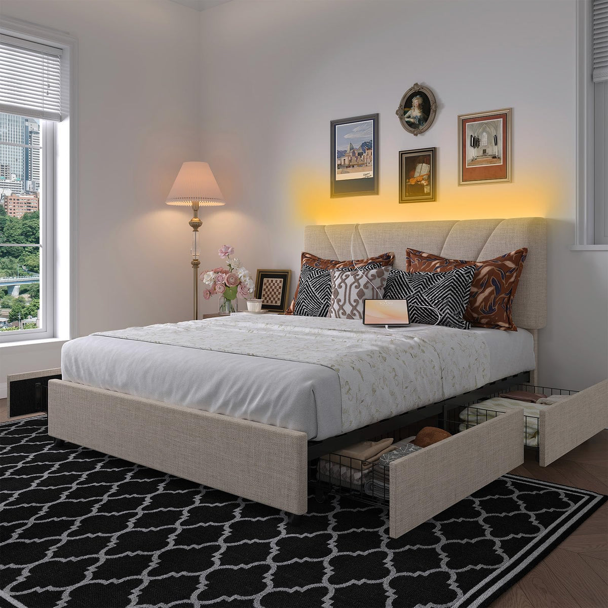 Beige Queen Bed Frame with Drawers F7677