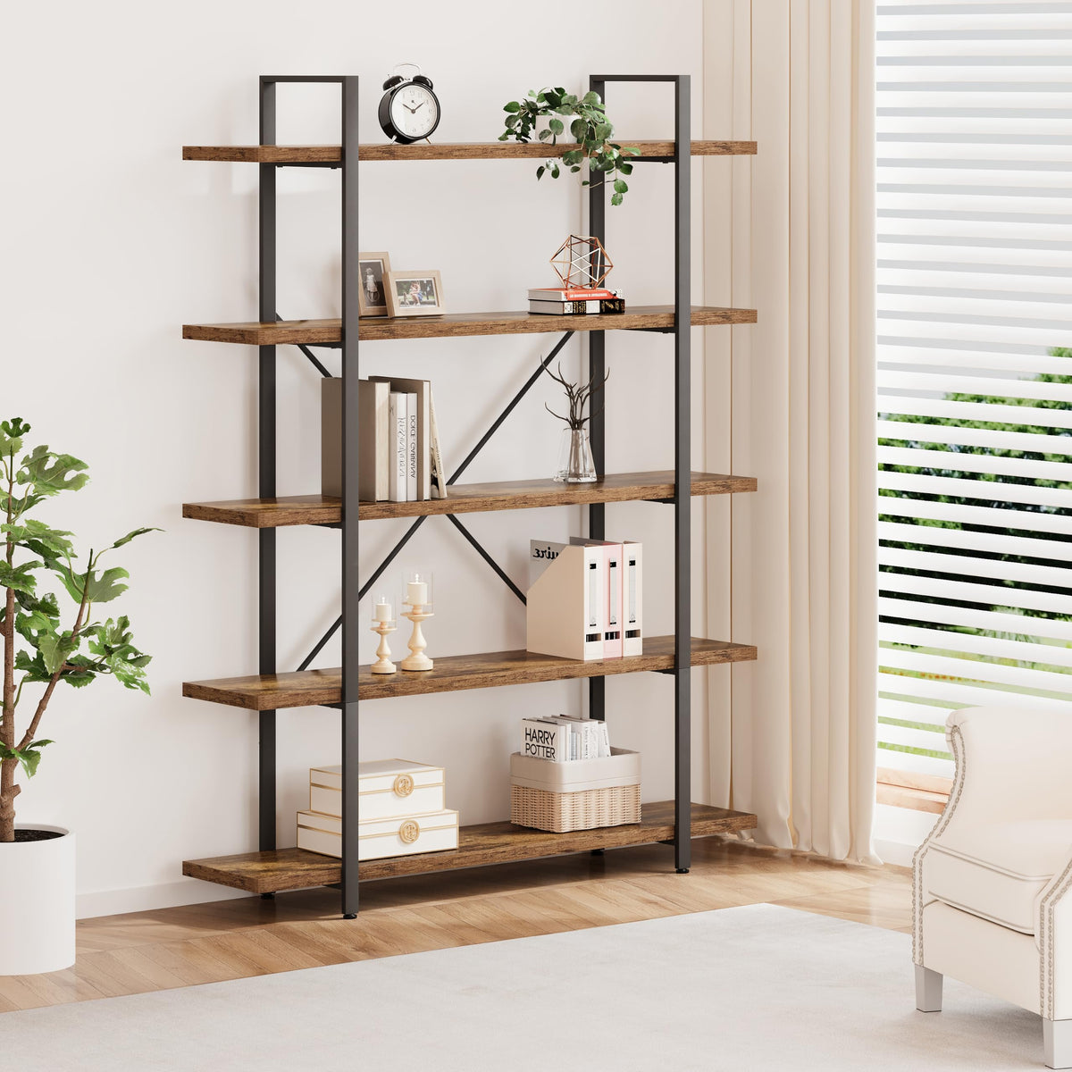 Rustic Brown 5 Shelf Wood Bookshelf K60026