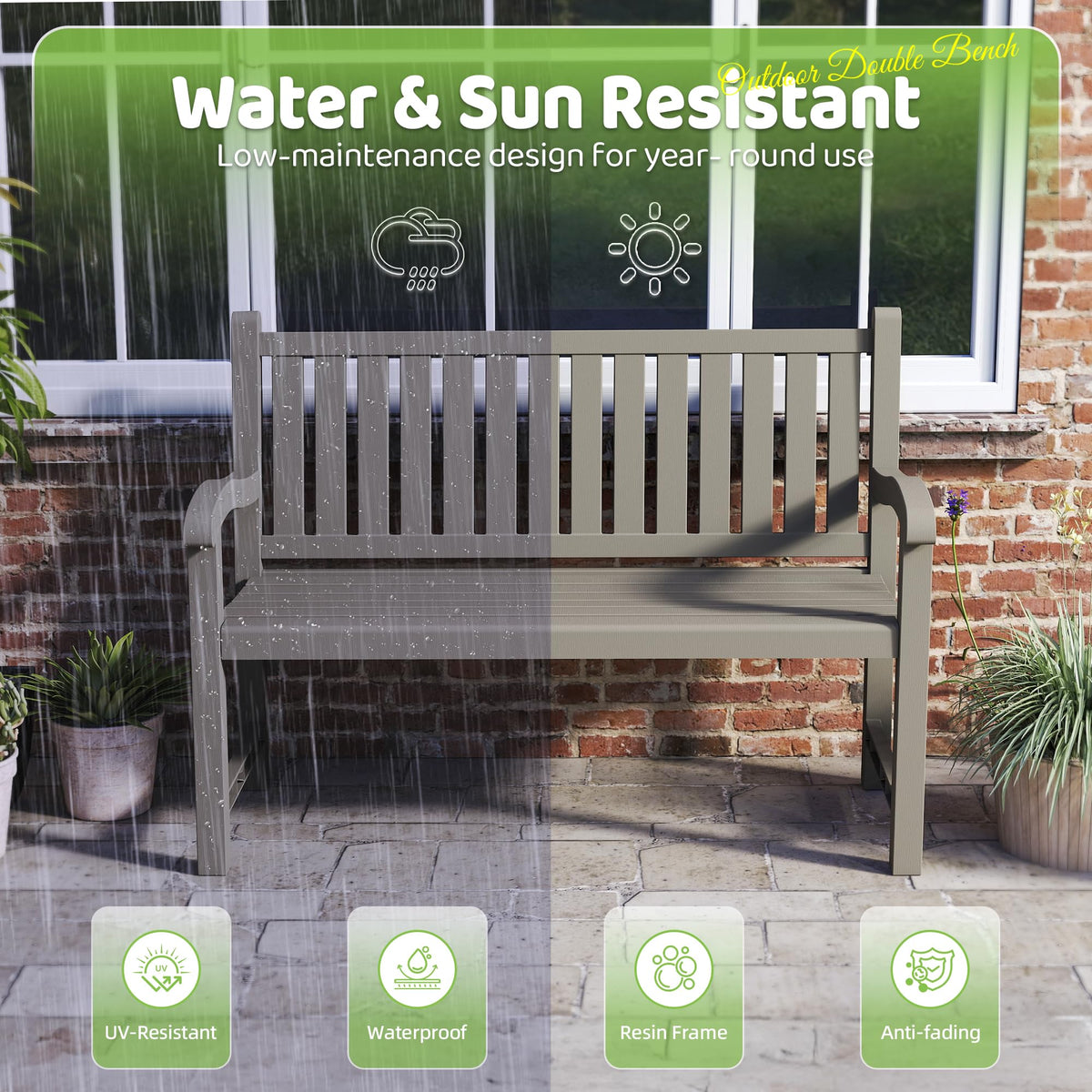 Grey 2-Person Resin Outdoor Bench R6494