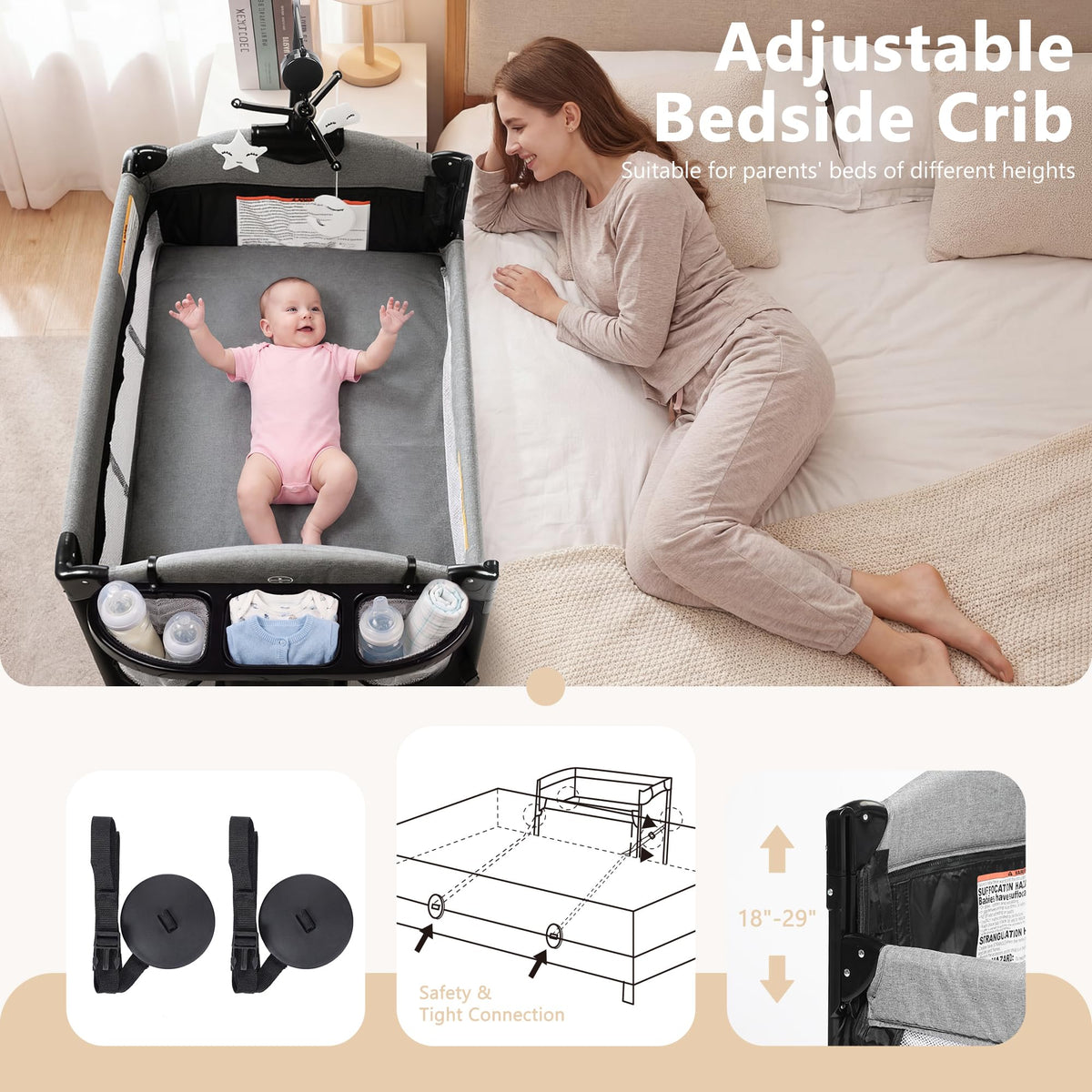 4 in 1 Portable Baby Playard, Baby Bedside Crib, Grey A94561