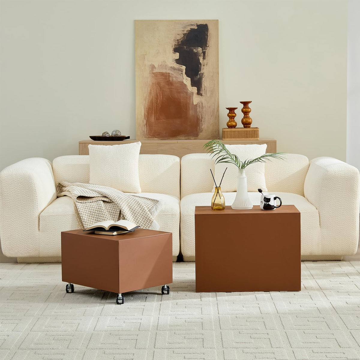 Brown Rolling Leather Coffee Table Set of 2 N2555