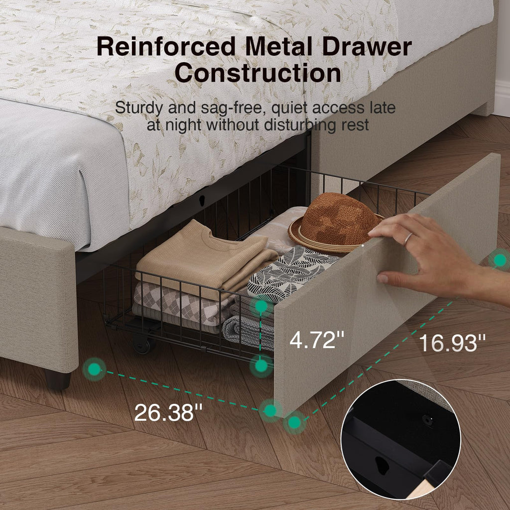 Beige Queen Bed Frame with Drawers F7677