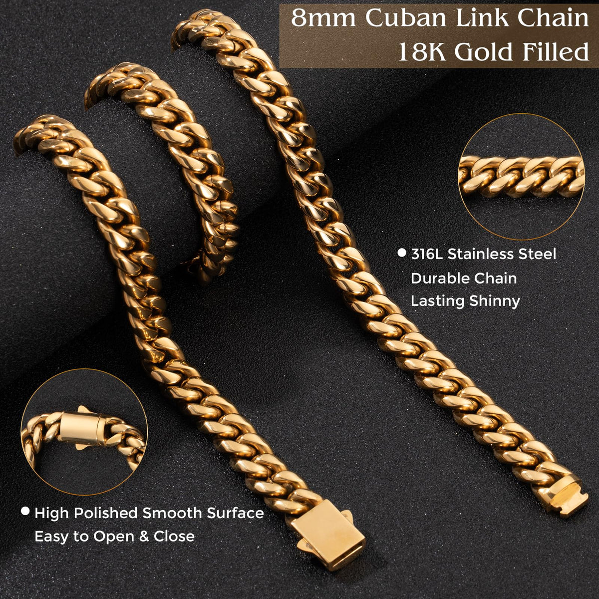 8mm Gold Cuban Link Chain 316L Stainless Steel Necklace D685210