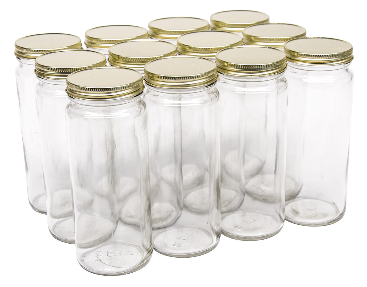 16 Ounce Glass Wide Mouth Canning Jars with Gold Metal Lids, Case of 12 I18472