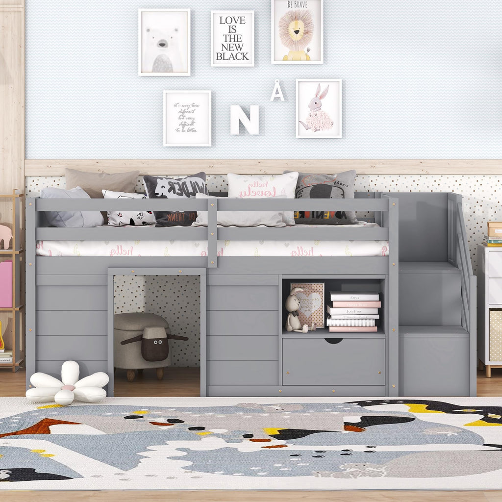 Twin Size Wood Loft Bed with Storage A53096