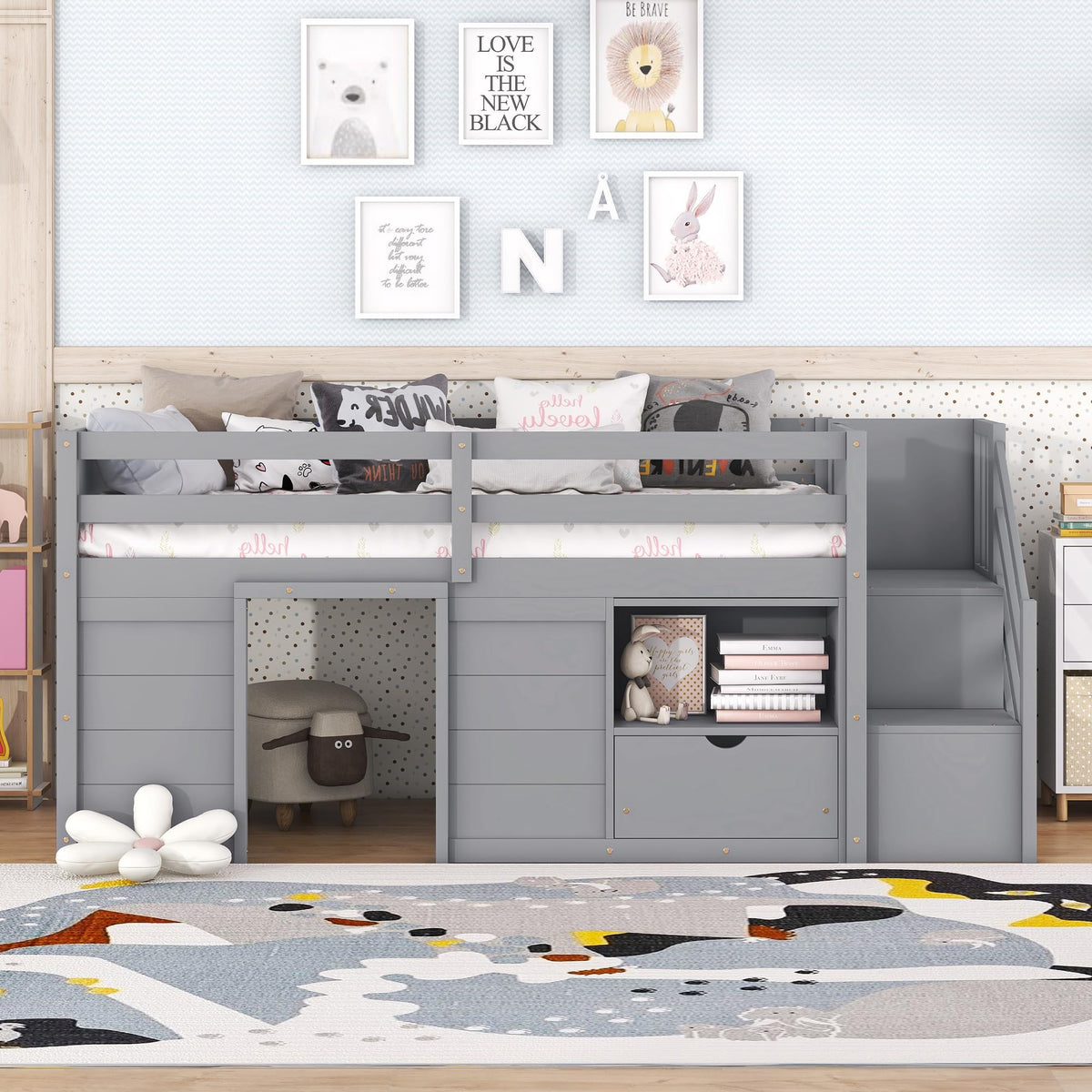 Twin Size Wood Loft Bed with Storage A53096