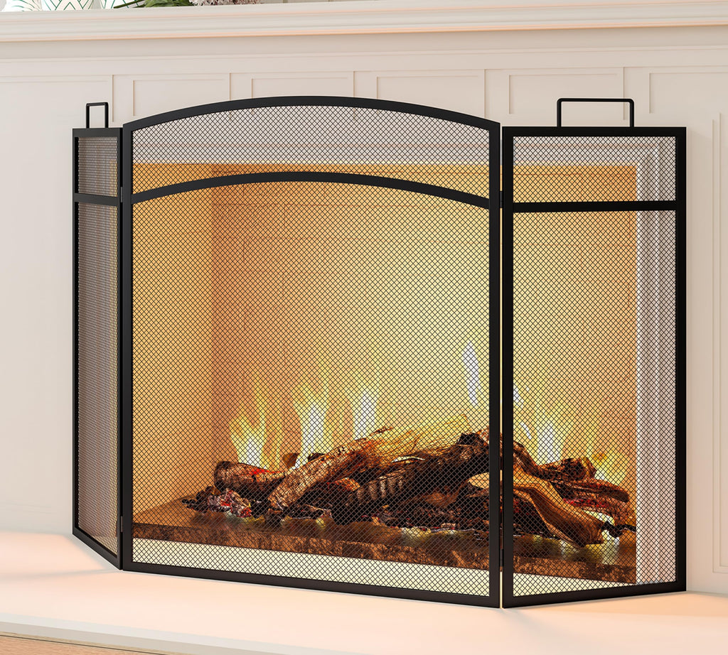 Black Foldable Wrought Metal Mesh Fireplace Screen S8124