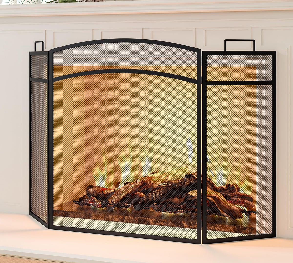 Black Foldable Wrought Metal Mesh Fireplace Screen S8124